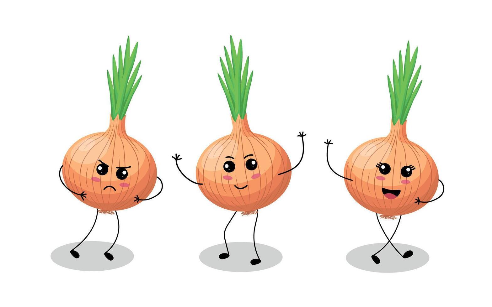Set of cute onions in kawaii style on a white background, perfect for fun illustrations, children's products, and playful designs. vector