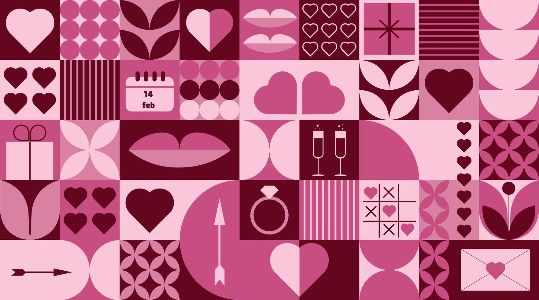 Modern geometric pattern for Valentine's Day featuring simple love symbols. Mosaic romantic seamless design for prints, banners, fabric, covers, and wrapping paper. vector