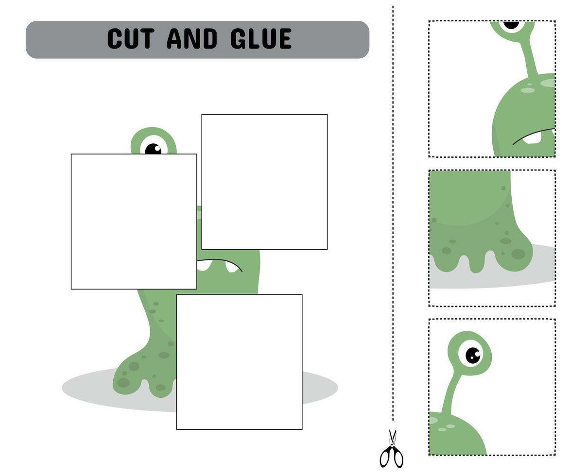 Cut and glue the parts of the monster in this educational children's game, featuring a printable sheet designed for preschool and kindergarten fun and learning. vector