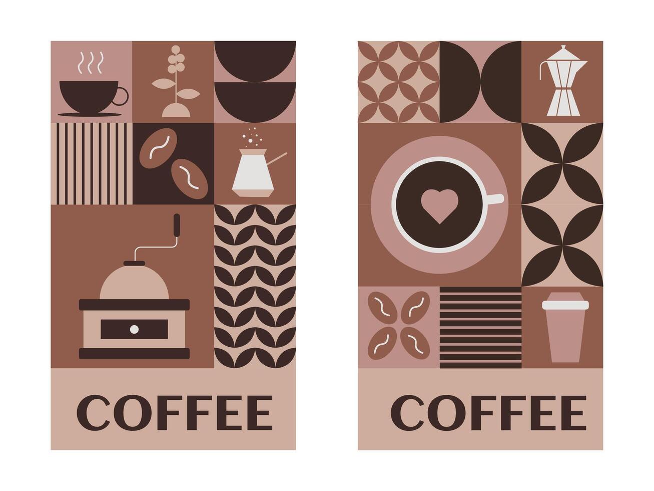 A set of banners on a coffee theme. Geometric abstract posters with coffee elements such as coffee beans, coffee grinder, and more. vector