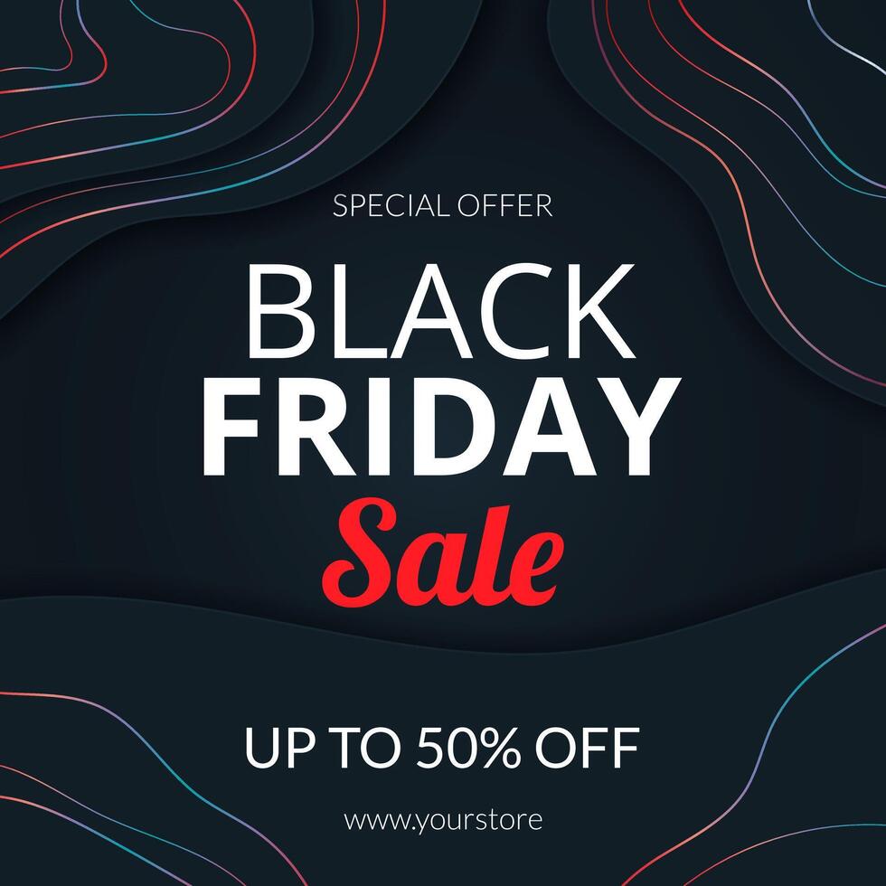 Black Friday Sale square banner in paper cut style with gradient lines and text. Abstract simple background for advertising, social media posts, promotion. Modern discount background. vector