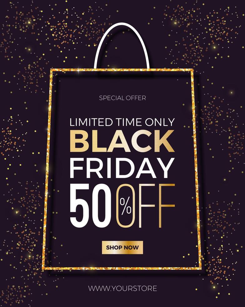 Black Friday Sale vertical banner with shopping bag, golden glitter, and text. Luxurious background for advertising, social media posts, promotion, web banners. Discount background. vector