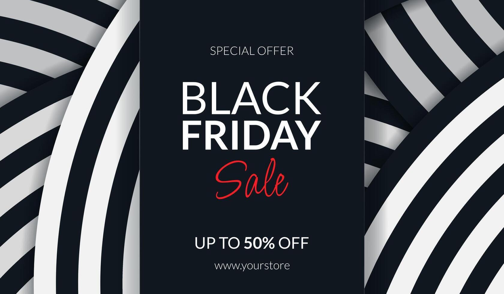 Black Friday Sale horizontal banner with black and white stripes. Geometric background with text for advertising, social media posts, promotion, web banners. Modern discount background template. vector