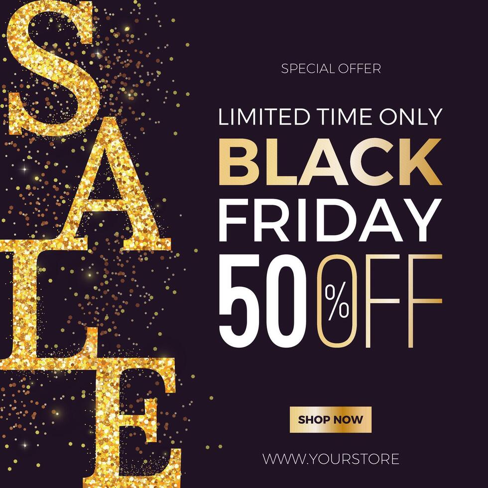 Black Friday Sale square banner with golden glitter, text, and glare. Luxurious background for advertising, social media posts, promotion, web banners. Modern discount background. vector