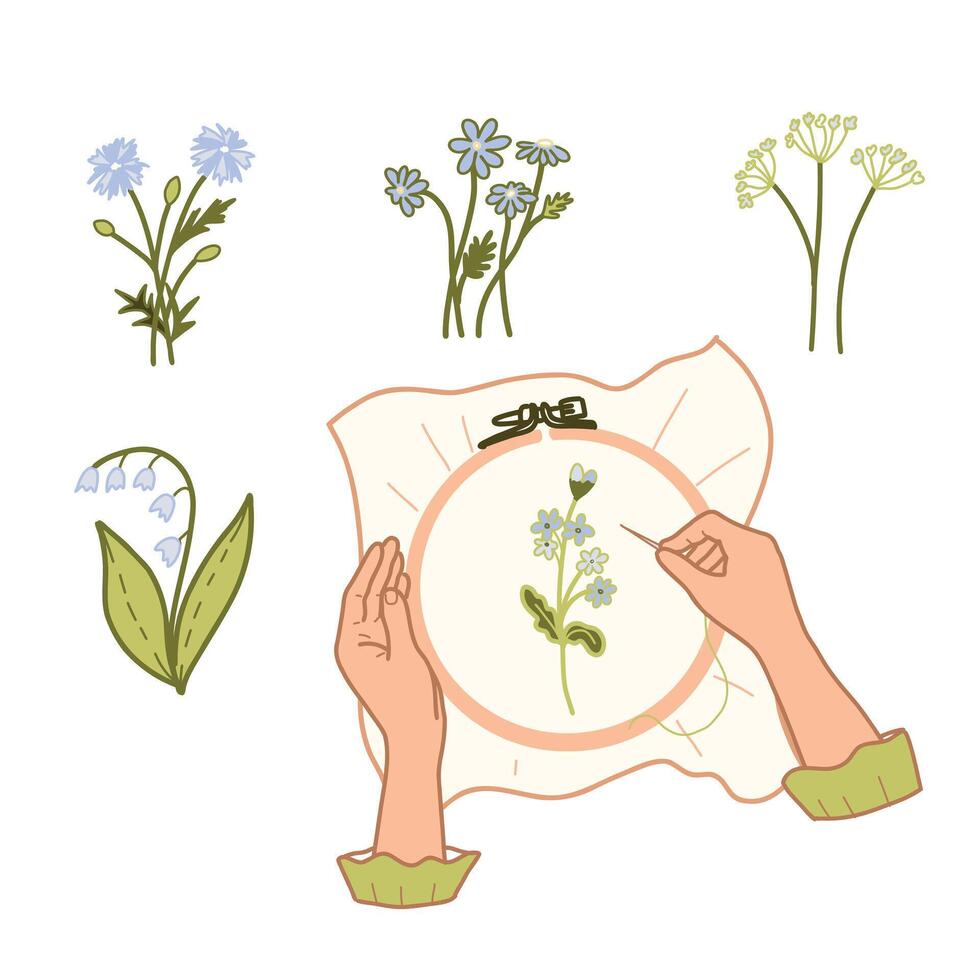 Needlework, Embroidery Set. Female Hands embroidering on a Hoop Flowers and spring flowers compositions. Flat, hand drawn illustration isolated on a white background. Vintage Style. vector