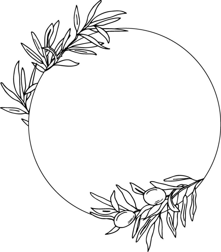 Olive Circle Frame, Wreath with Olive Branches isolated. Hand drawn Black and white Illustration for Wedding stationery, Invitations, Save the date, greeting cards and logos vector