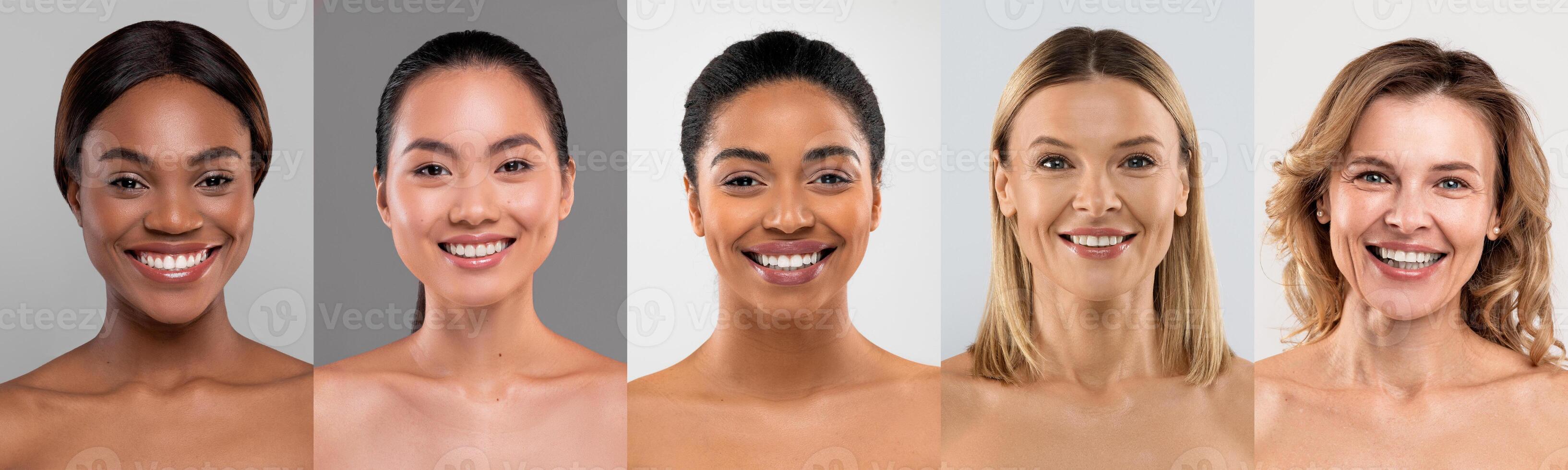 Collage of diverse women smiling in portrait mode, showcasing different skin tones and natural beauty, panorama photo