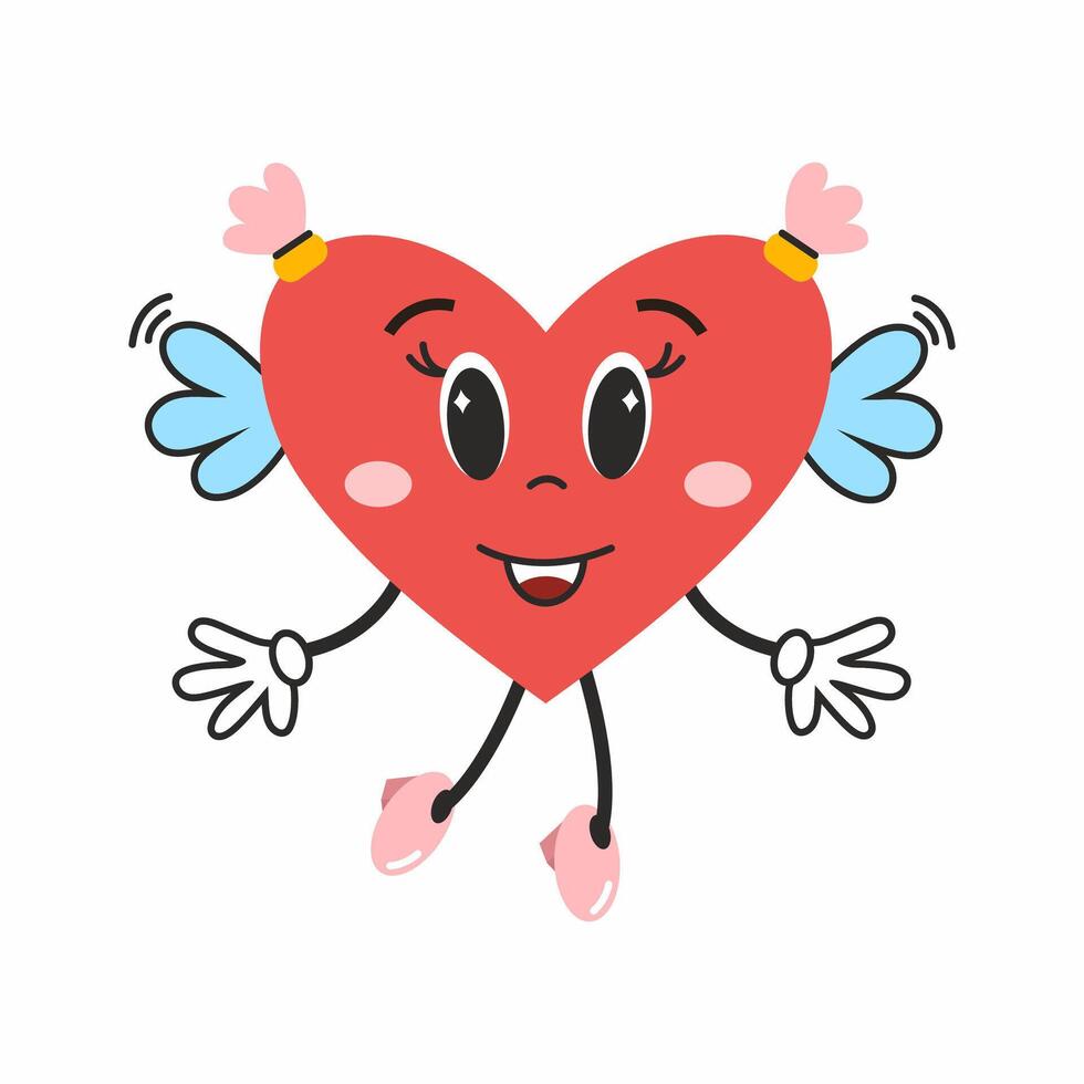Heart of groove with wings. Retro sticker for Valentine's Day on February 14th. A cute character for birthday greetings. vector