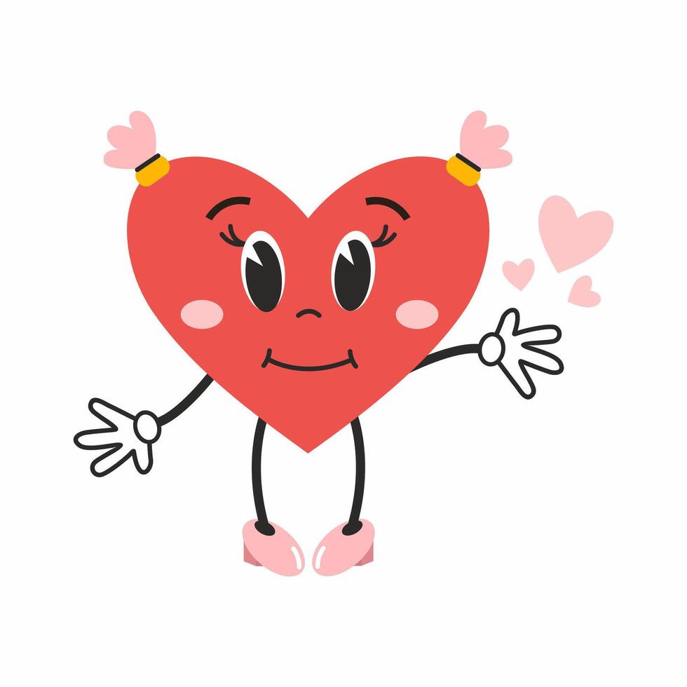 sweet heart girl in style of groove. Retro sticker for Valentine Day on February 14th. cute character for birthday greetings. vector