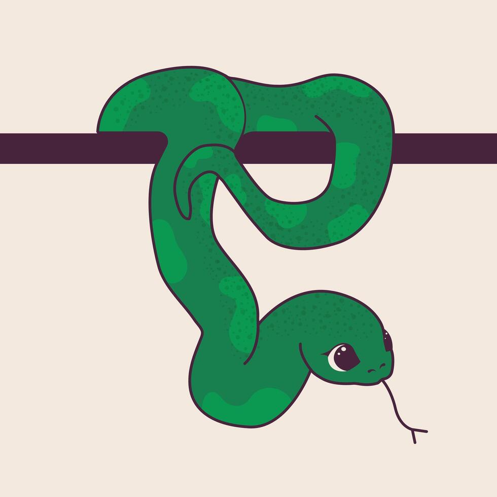 Cute snake hanging from the shelf. Decorative element for decorating corners, flat surfaces. Symbol of the new year. Illustration vector