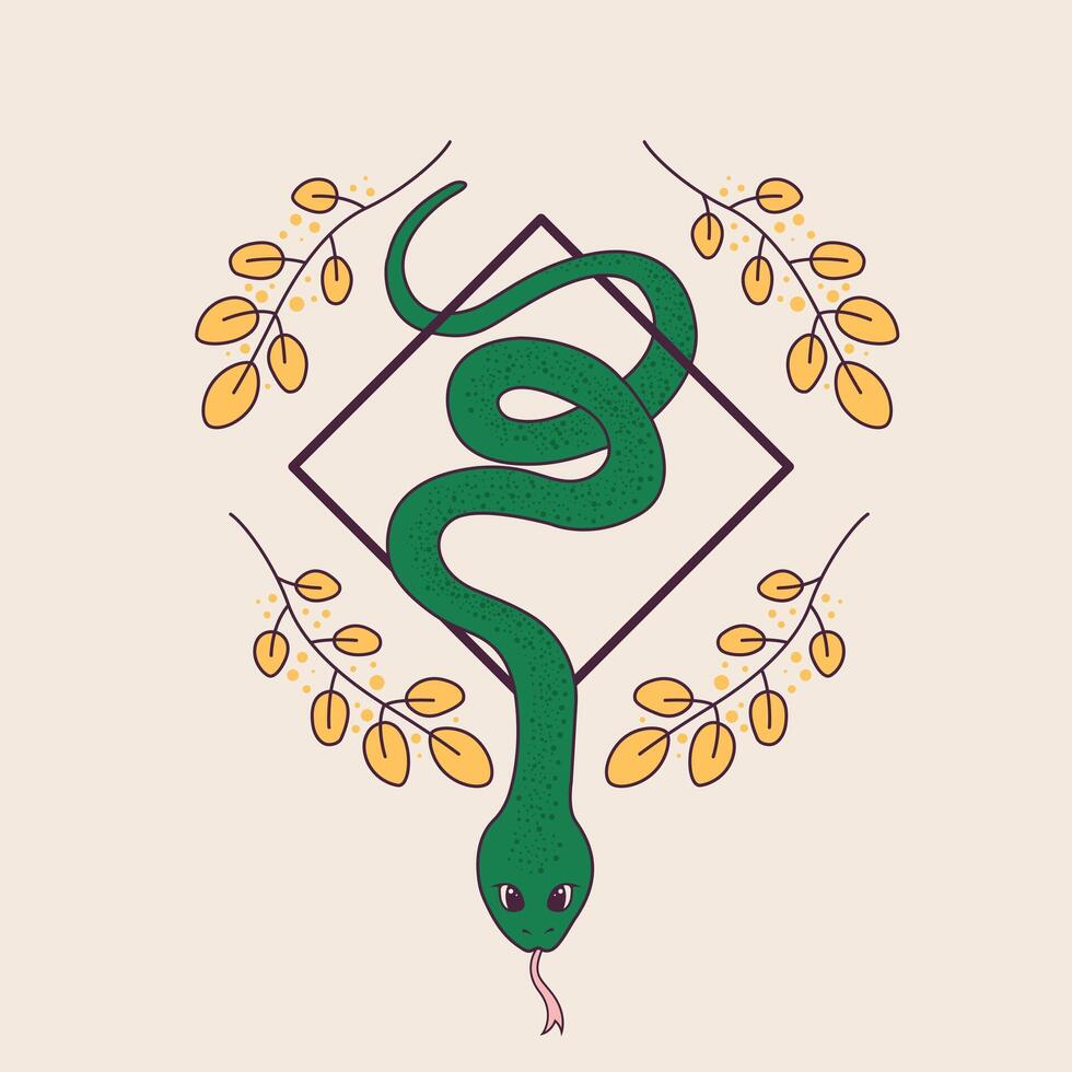 Cute snake wriggles decorative branches around. Symbol of Chinese New Year 2025. Illustration in retro style vector