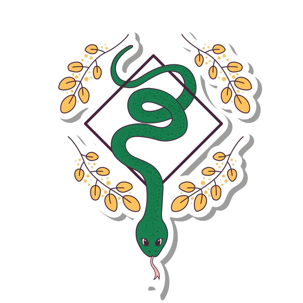 Sticker of cute snake wriggles decorative branches around. Symbol of Chinese New Year 2025. Illustration in retro style vector