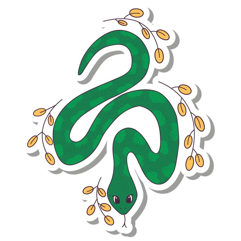 Sticker of cute snake wriggles decorative branches around. Symbol of Chinese New Year 2025. Illustration in retro style vector