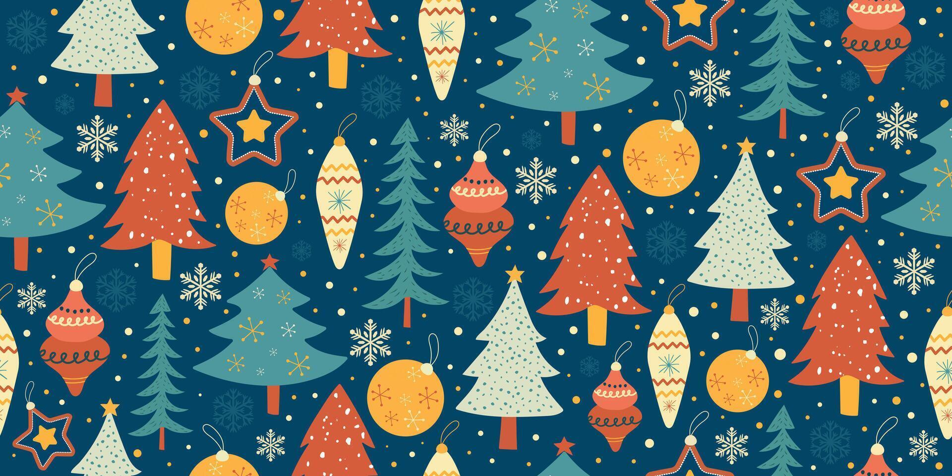Seamless Christmas background in retro style. Design with Christmas balls and decorations. vector