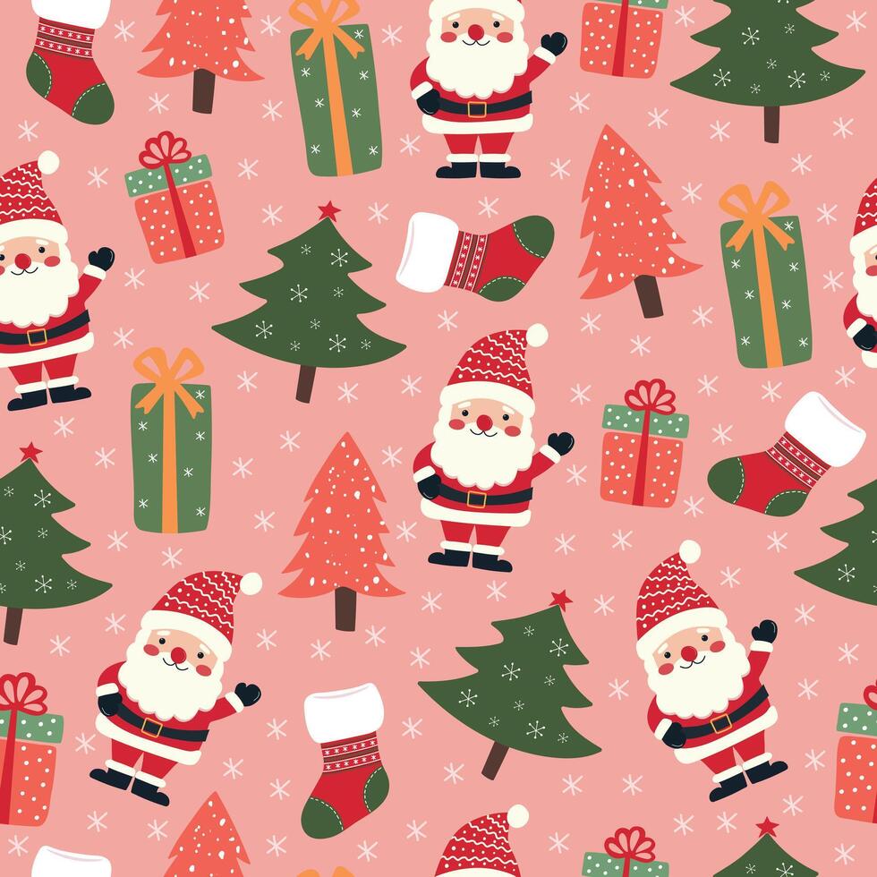 Seamless Christmas pattern with Santa Claus, trees, gifts and Christmas stocking. vector