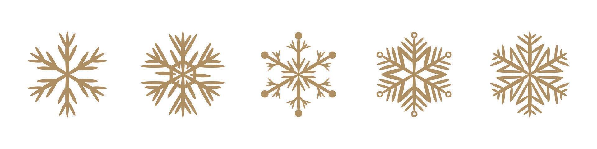 Golden various snowflakes on white background. Golden winter crystals. vector
