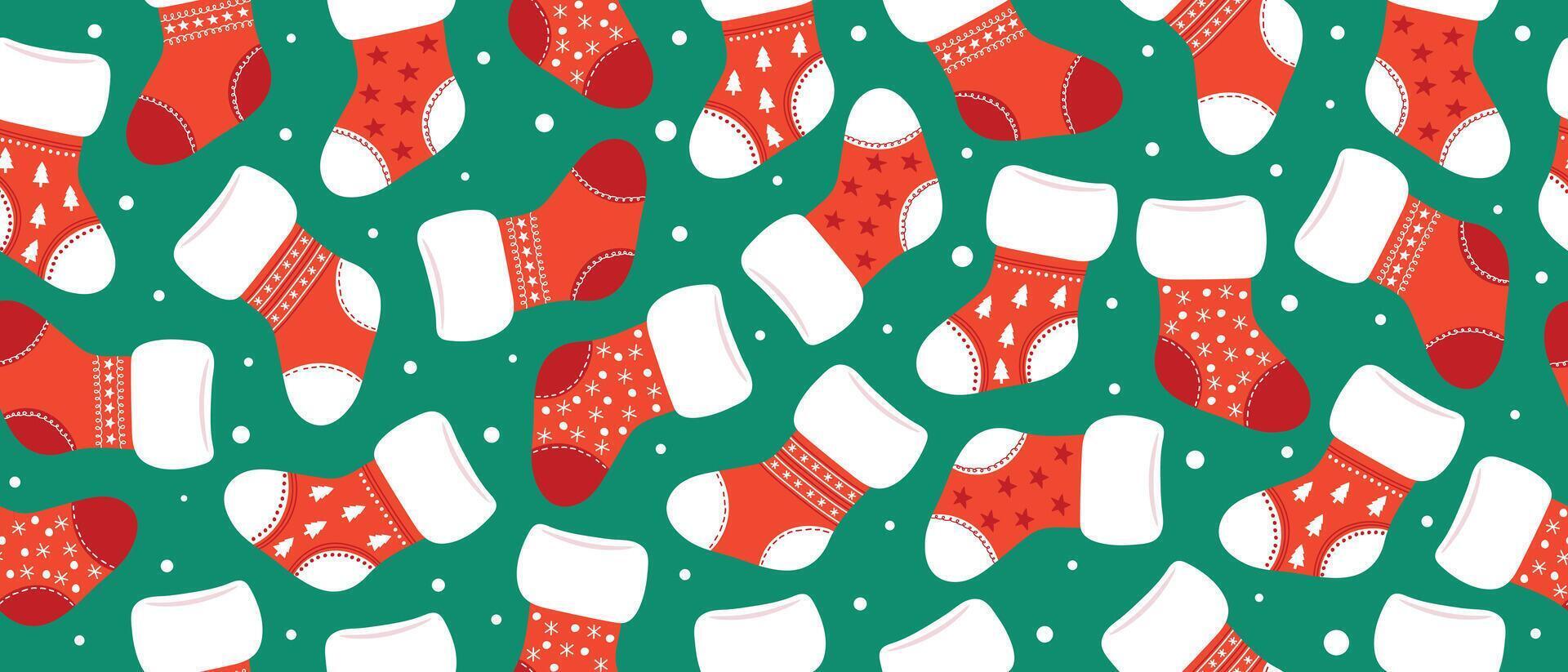 Seamless festive pattern with Christmas socks on a green background. vector