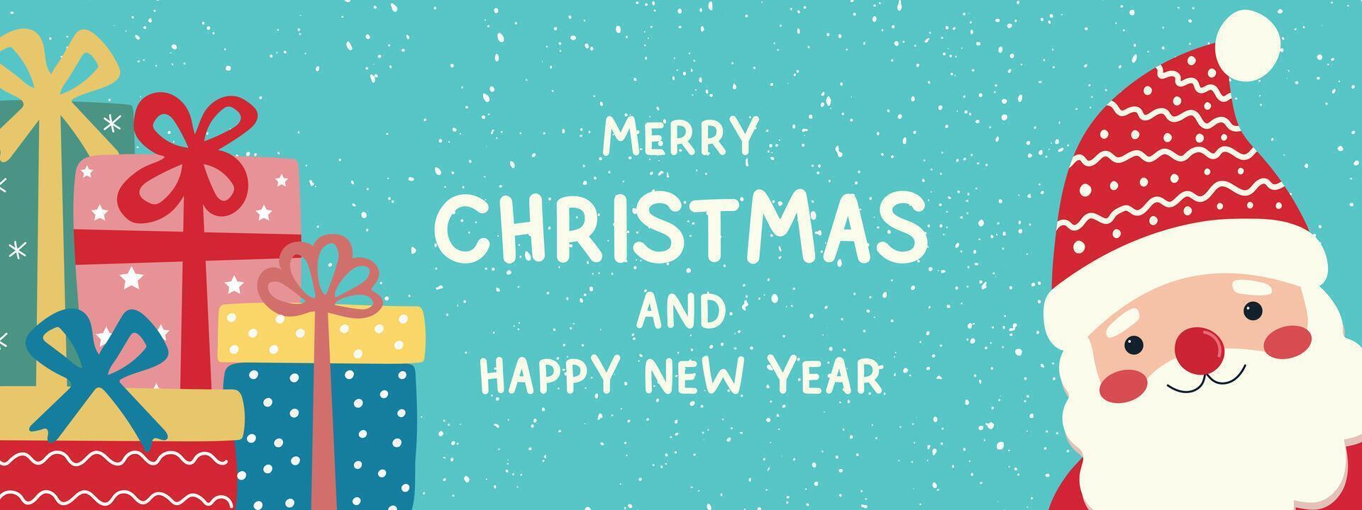 Merry Christmas and New Year banner design. Christmas party invitation template with Santa Claus and gifts. vector