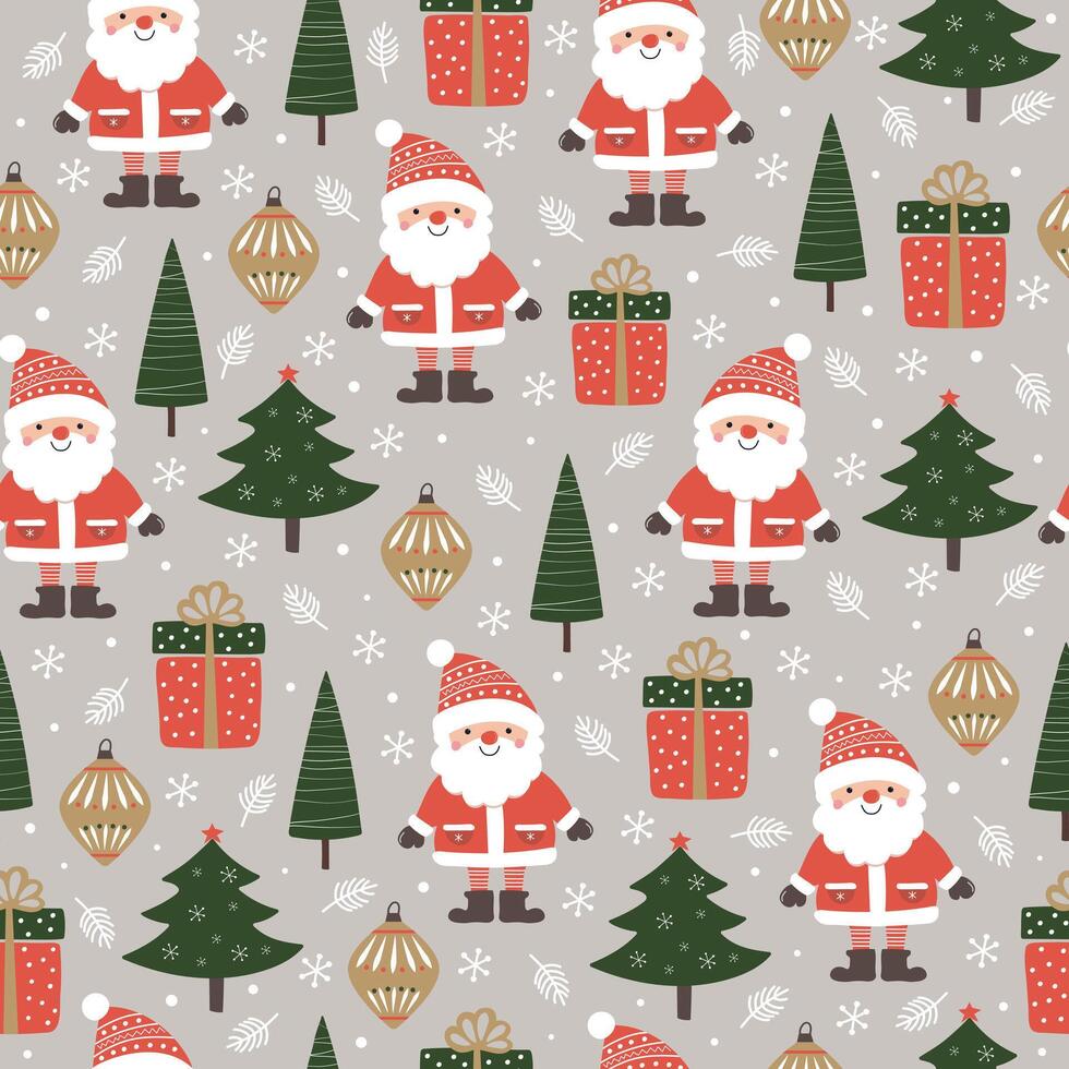 Seamless Christmas pattern with Santa Claus, trees, snow and gifts. Christmas and New Year background for packaging, fabric. vector
