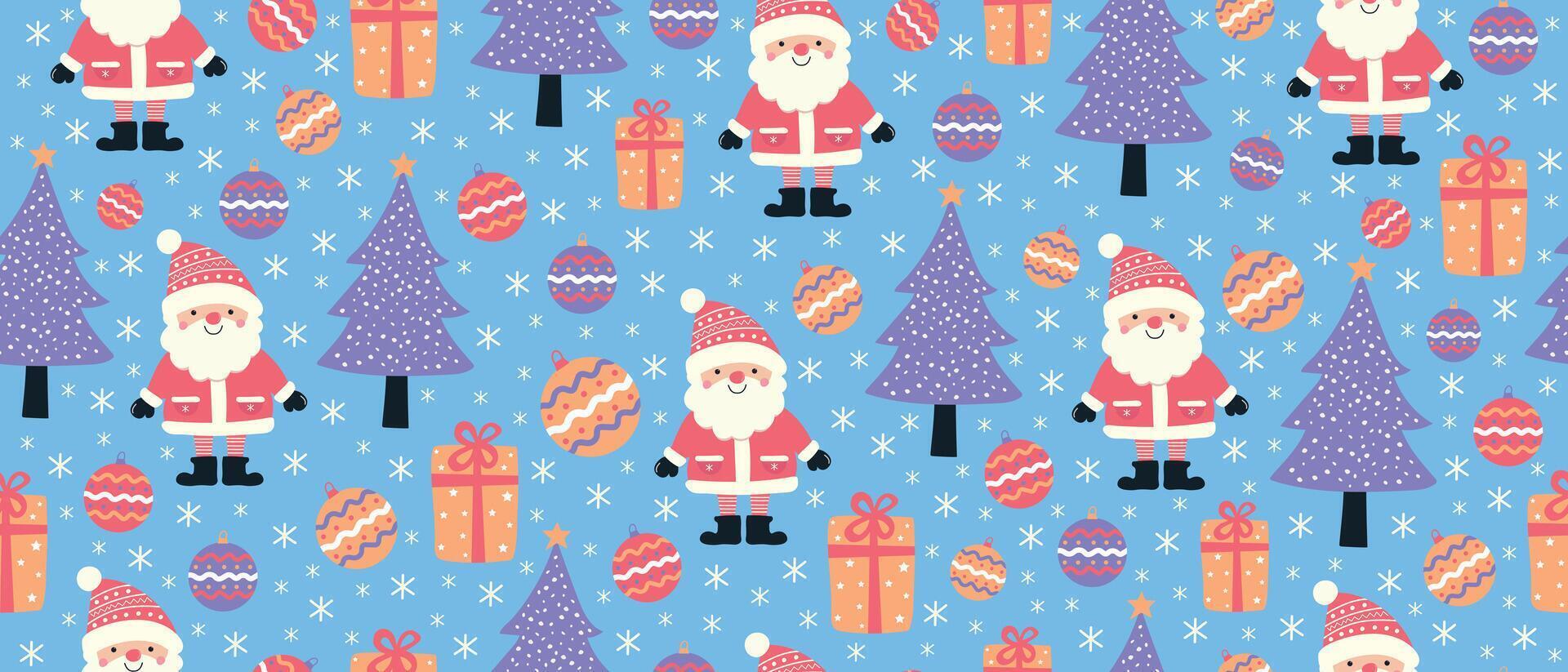 Seamless children's Christmas pattern with Santa Claus, trees, snow and gifts. Christmas and New Year background for packaging, fabric. vector