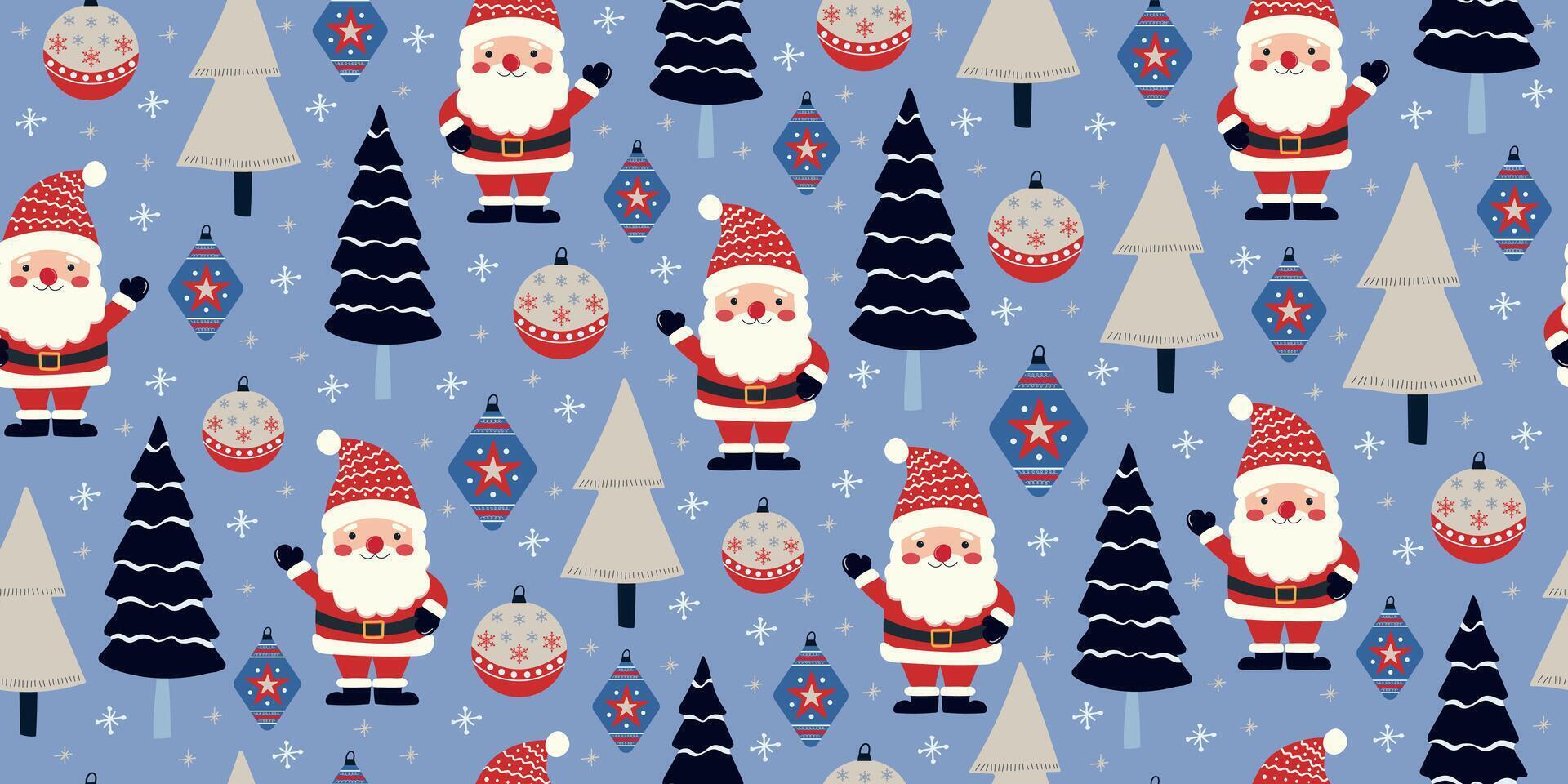 Christmas seamless background with Santa Claus, trees and toys. Festive winter print for fabric, packaging. vector
