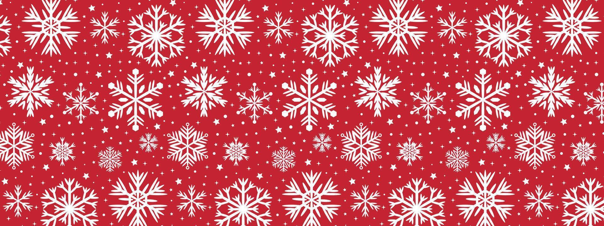 Seamless Christmas pattern with snowflakes and stars on a red background. vector