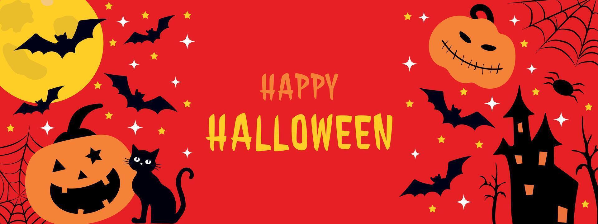 Happy Halloween banner for October, red background with spooky pumpkins, spiders, castle and moon. vector