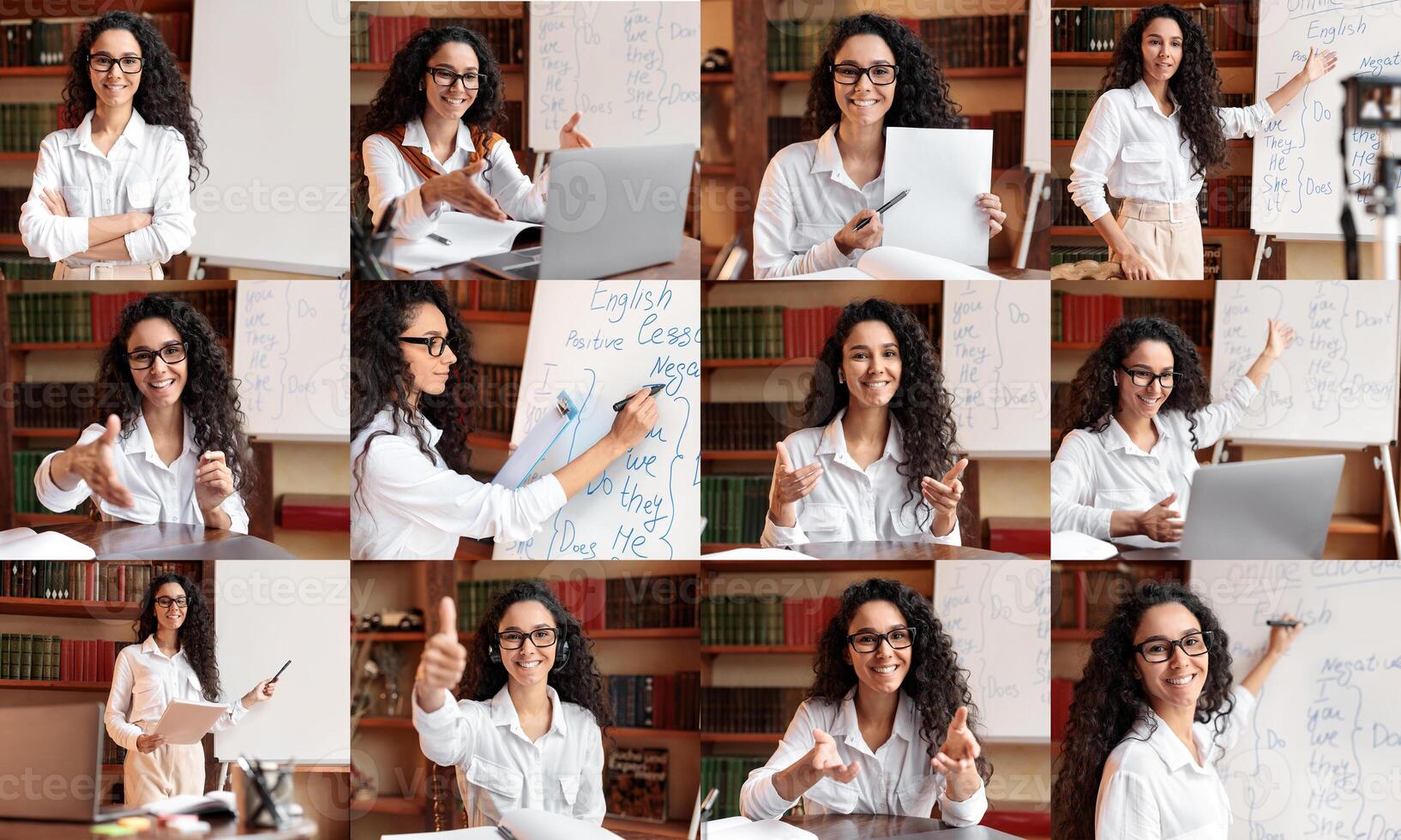 A young woman with long curly brown hair is teaching an English language lesson online from a library. She is wearing glasses and a white shirt, and she is standing and sitting in different positions photo