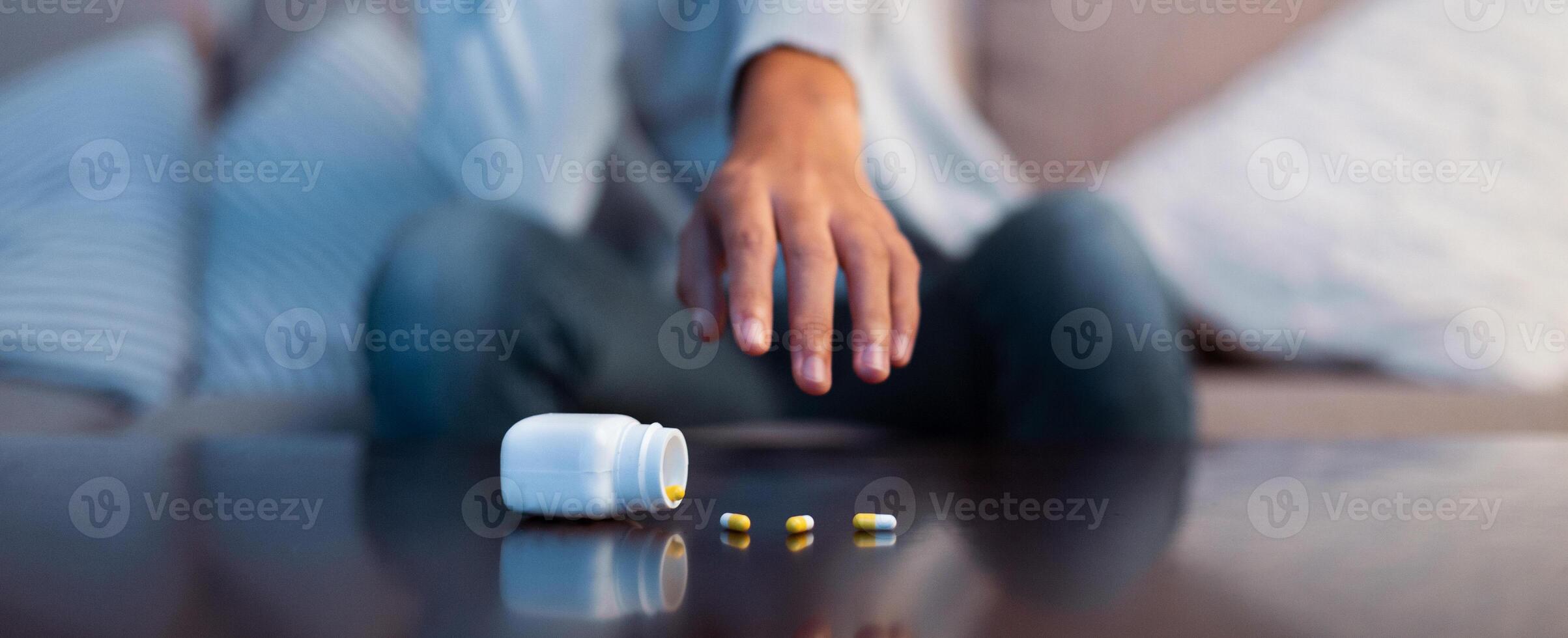 Female hand reaching painkiller capsules, suffering from depression or having headache, panorama photo
