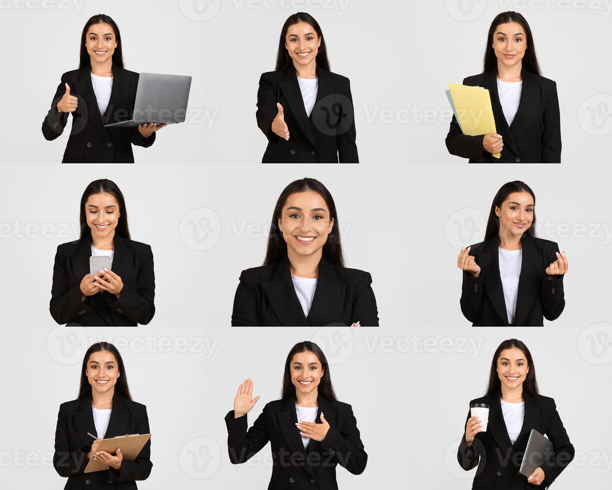 A professional woman is captured showcasing a range of expressions and activities, from presenting a laptop to holding papers and a cup. She wears a black suit and engages in dynamic poses photo