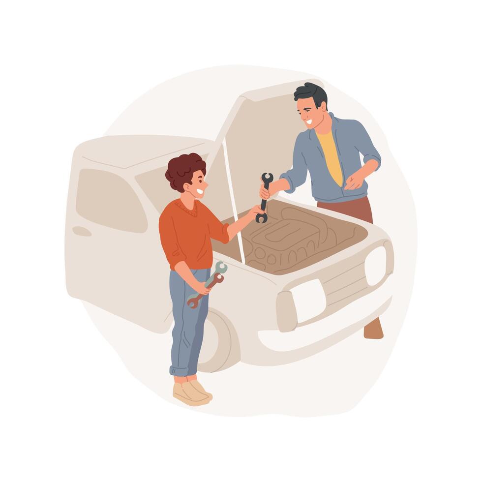 Repair car in a garage isolated cartoon illustration. vector