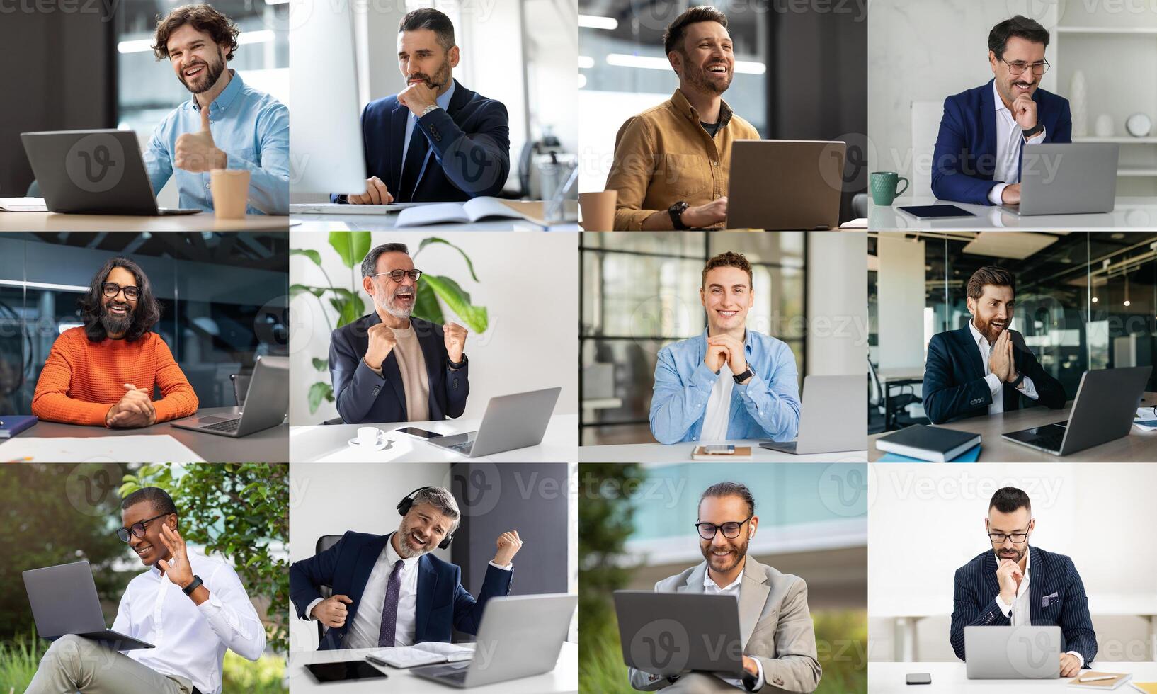 A diverse group of professionals is seen engaging in virtual meetings, showcasing different expressions of enthusiasm and focus. The individuals are situated in various work environments photo