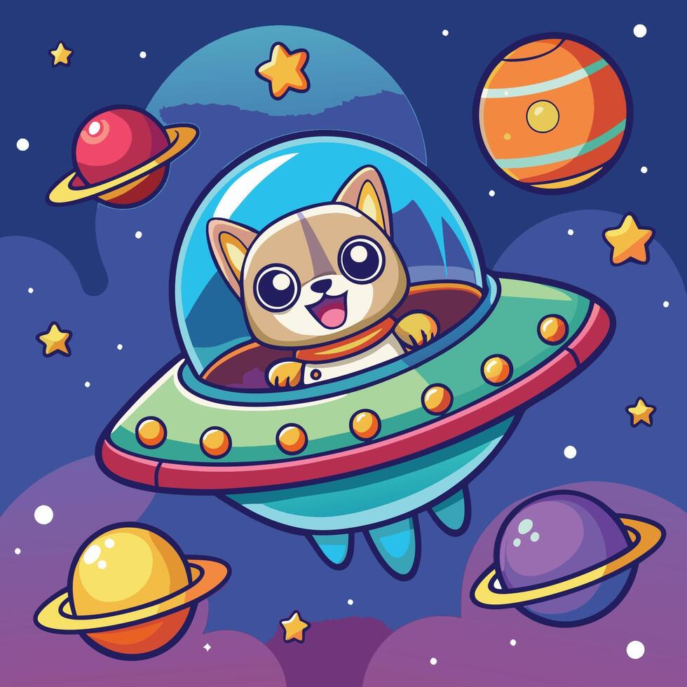 Cartoon dog in space with planets and stars vector