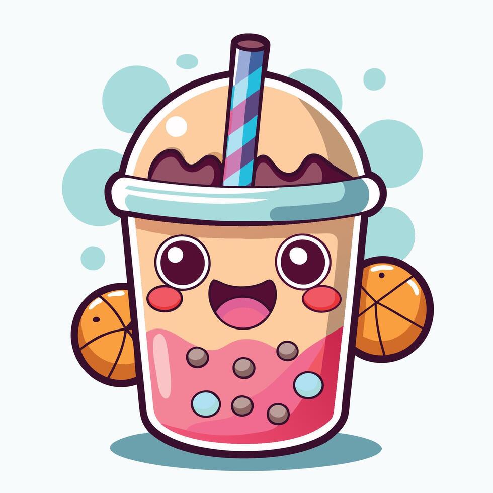 Cute bubble tea cartoon character with a basketball ball vector