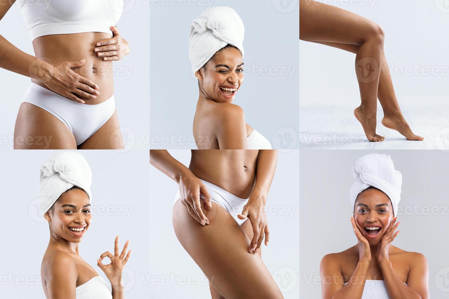 Image features a beautiful African American woman with dark skin showcasing her smooth, glowing skin after showering. Photo collage shows her from different angles, highlighting her body and face