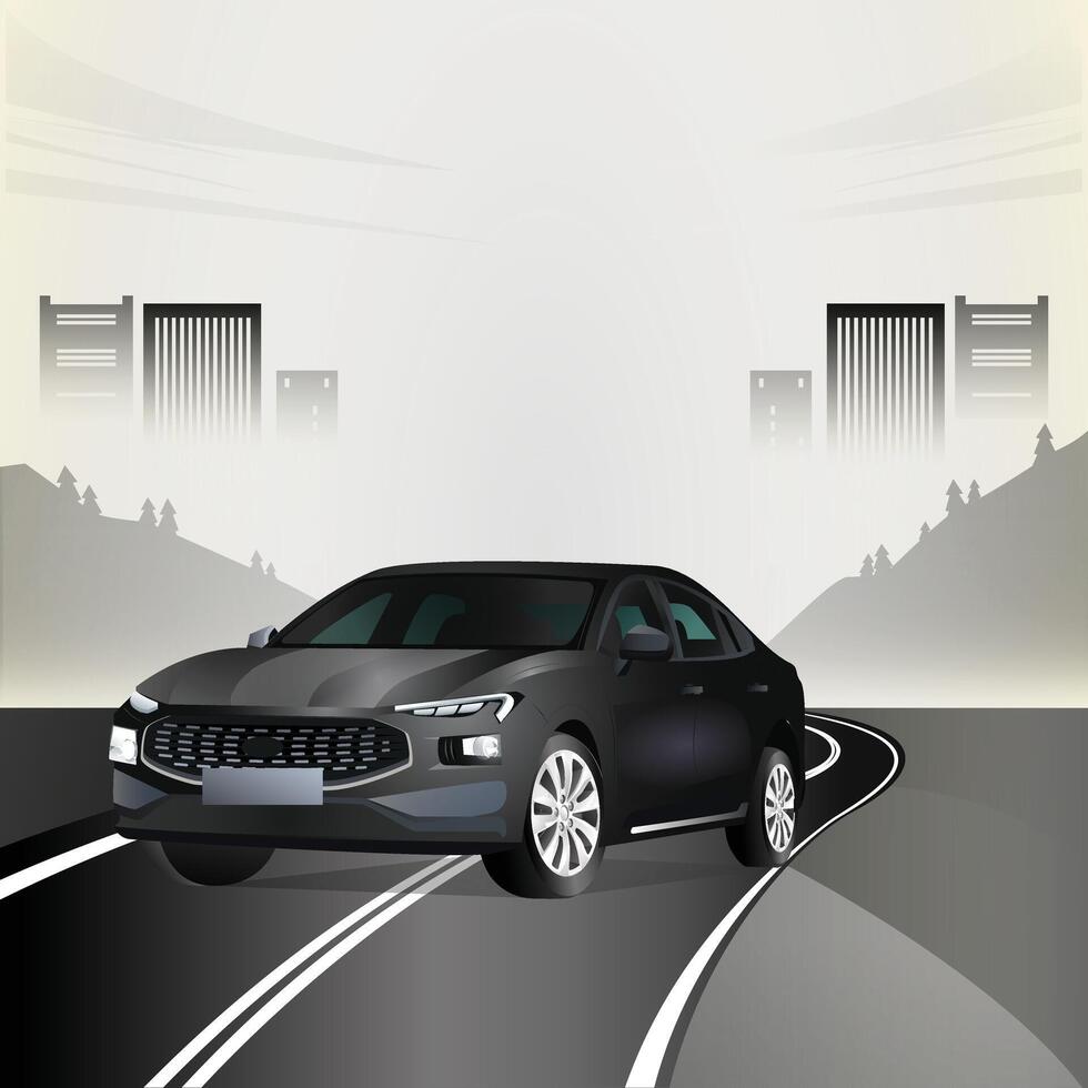 highway drive in premium sedan . black and white illustration in flat design vector