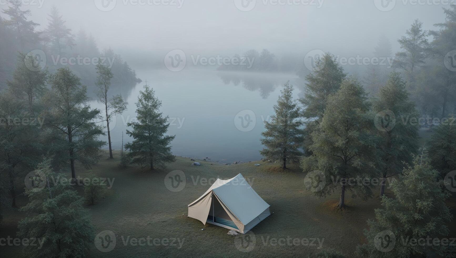 A tent is set up in the middle of a foggy forest photo