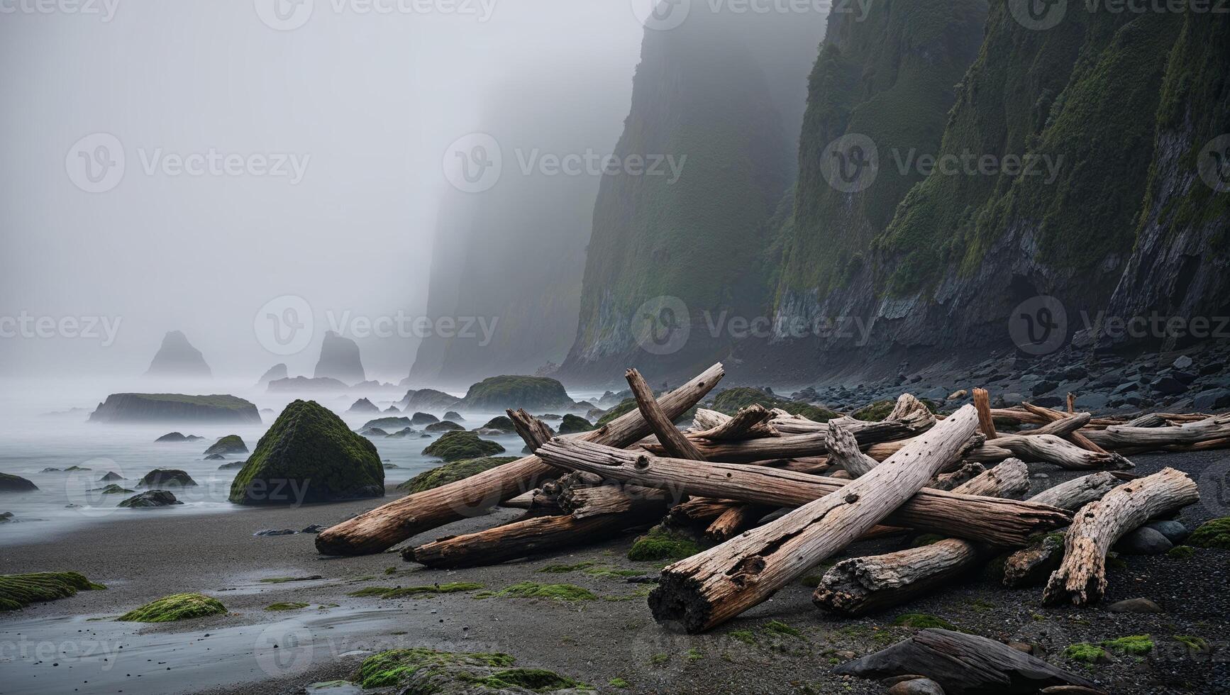 A beach with logs and rocks on the shore photo