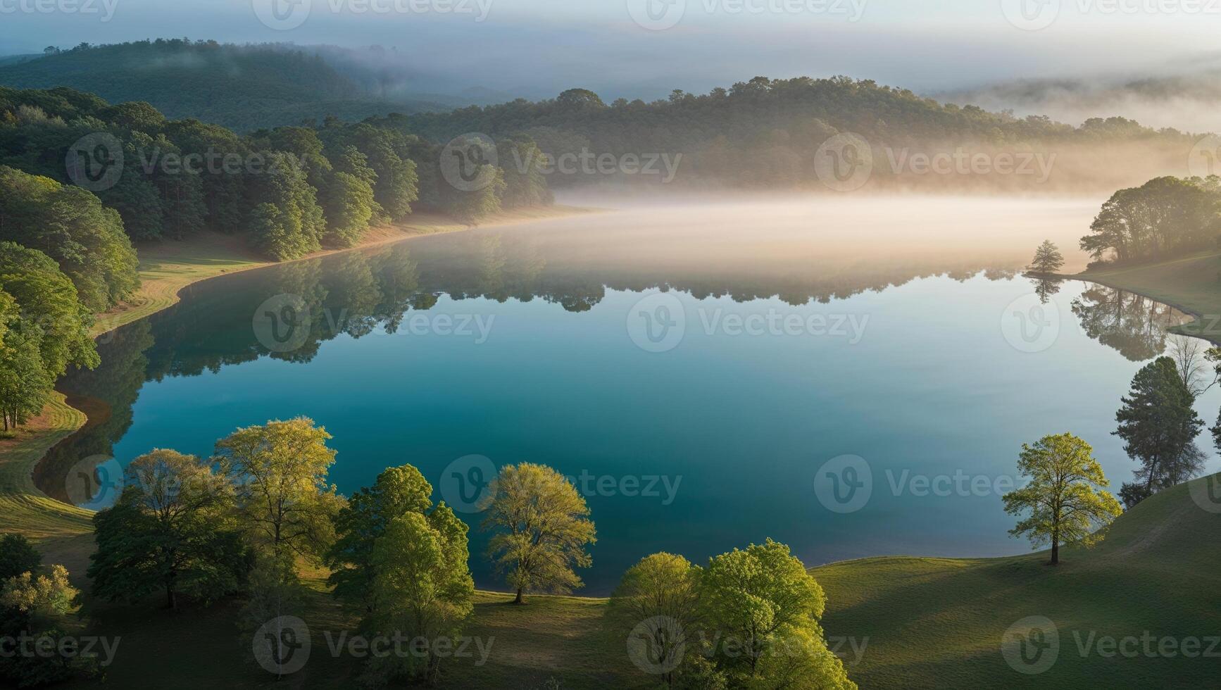 A lake surrounded by trees and fog photo