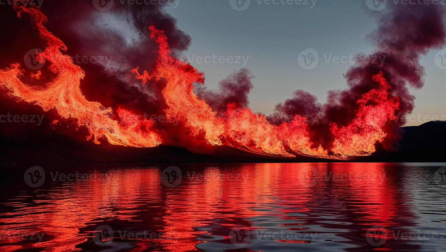 A large fire is burning over a lake photo