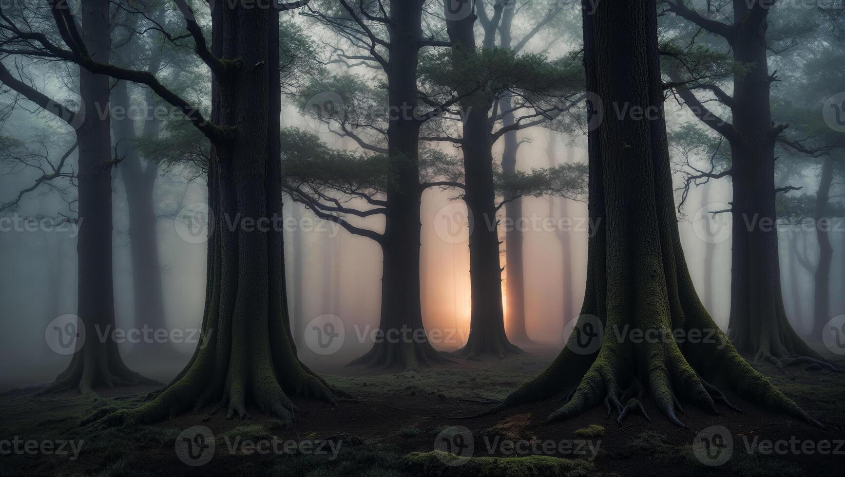 A foggy forest with trees and sun photo