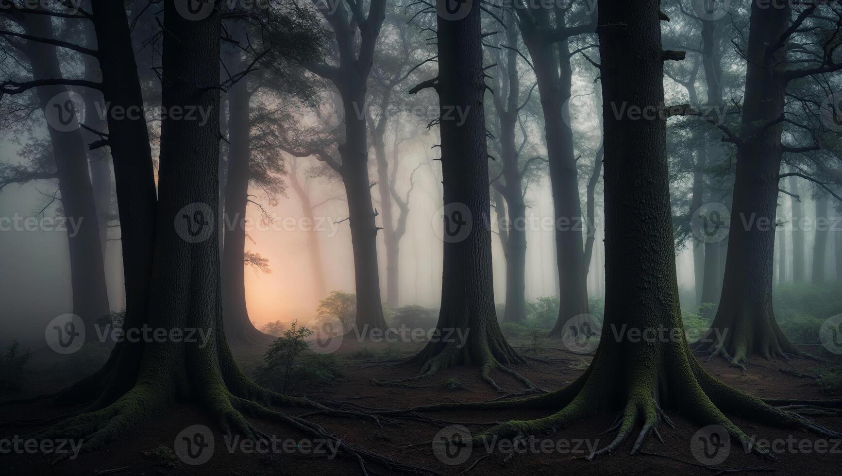 A forest with trees and fog at sunset photo