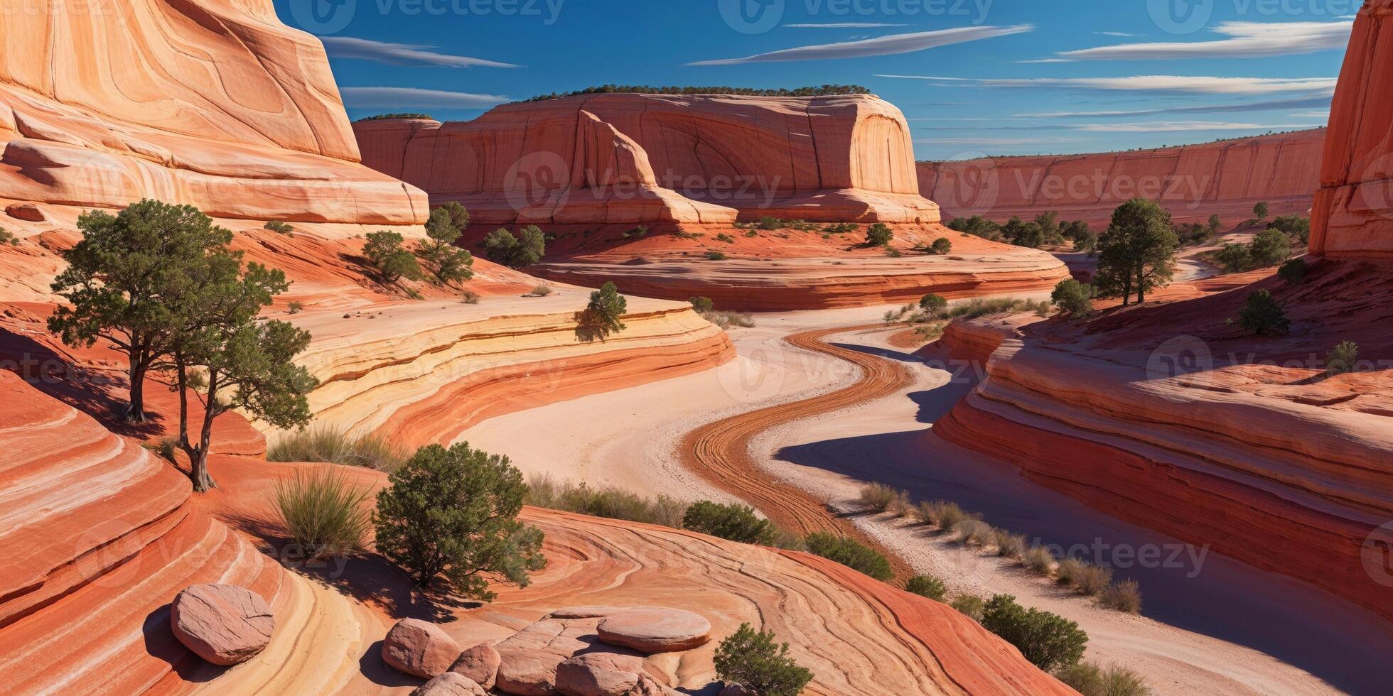 A desert landscape with red rocks and trees photo