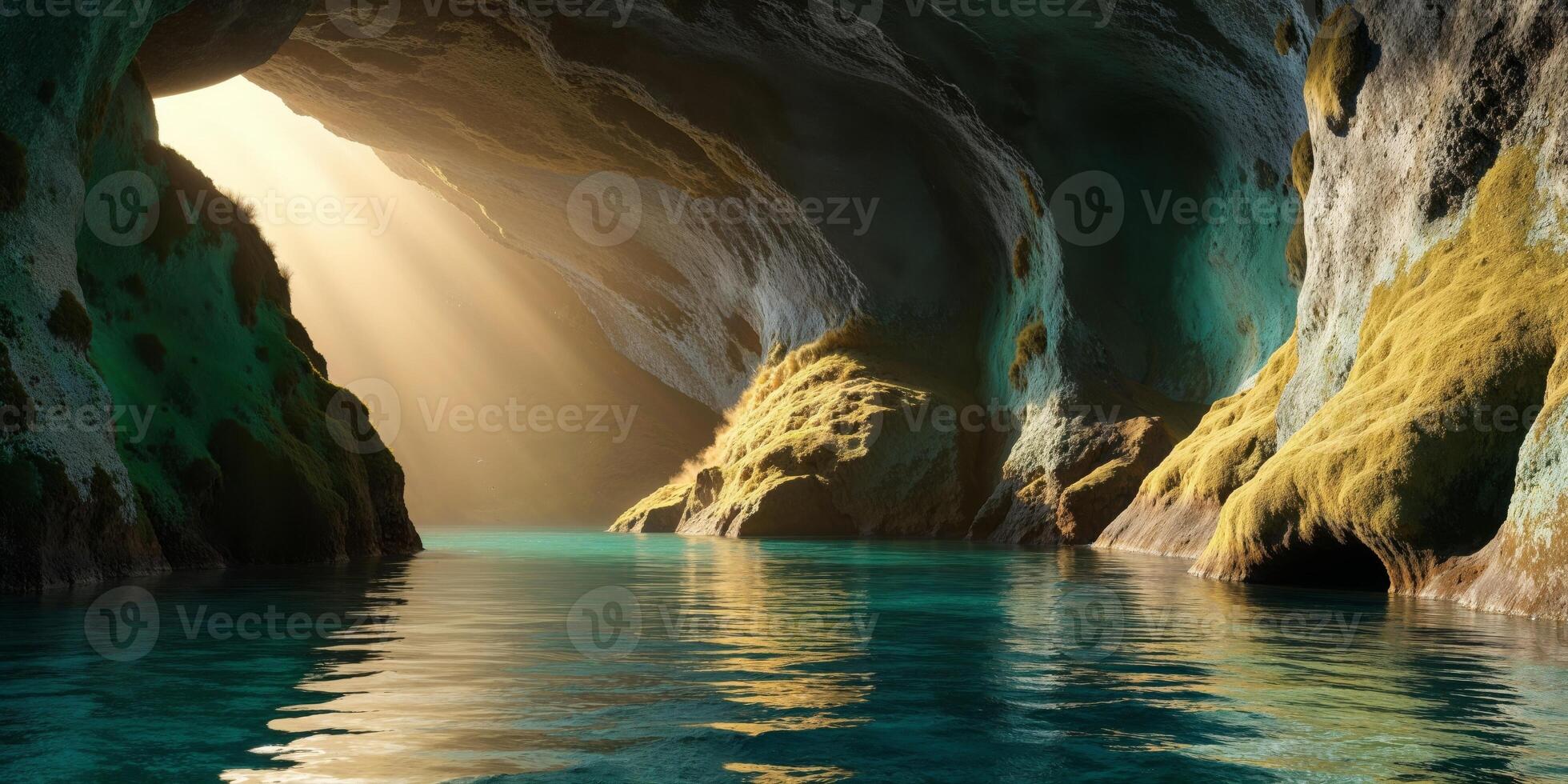 A cave with water and sunlight coming through the entrance photo