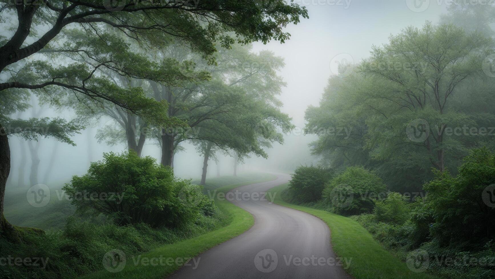 A foggy road in the woods with trees and grass photo