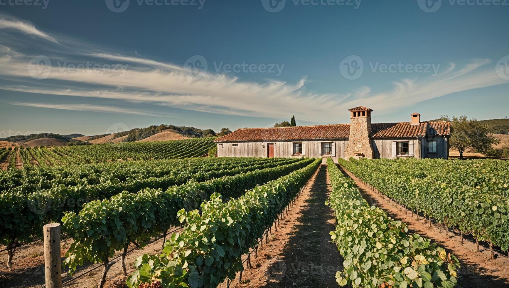 A vineyard with a house in the middle of it photo