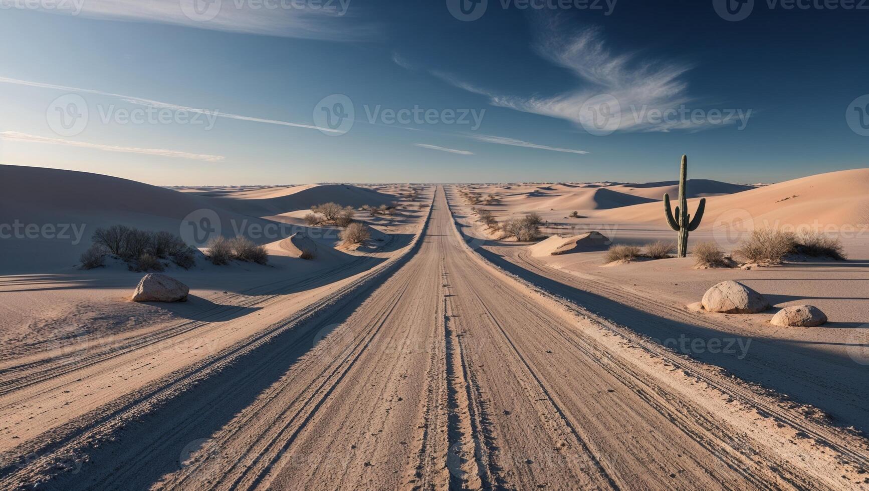 A desert road with a cactus in the middle photo