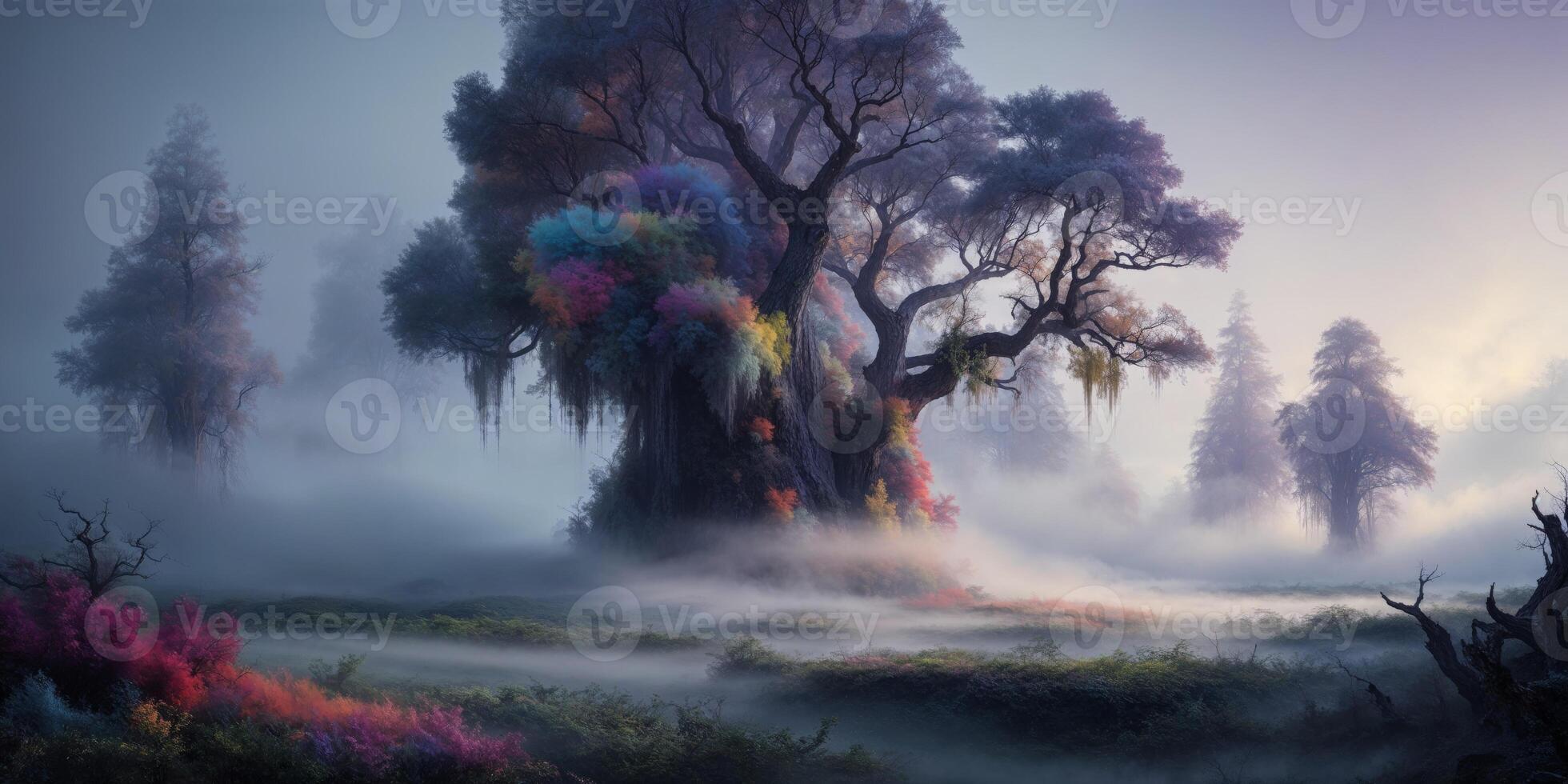 A tree with colorful leaves and fog in the background photo