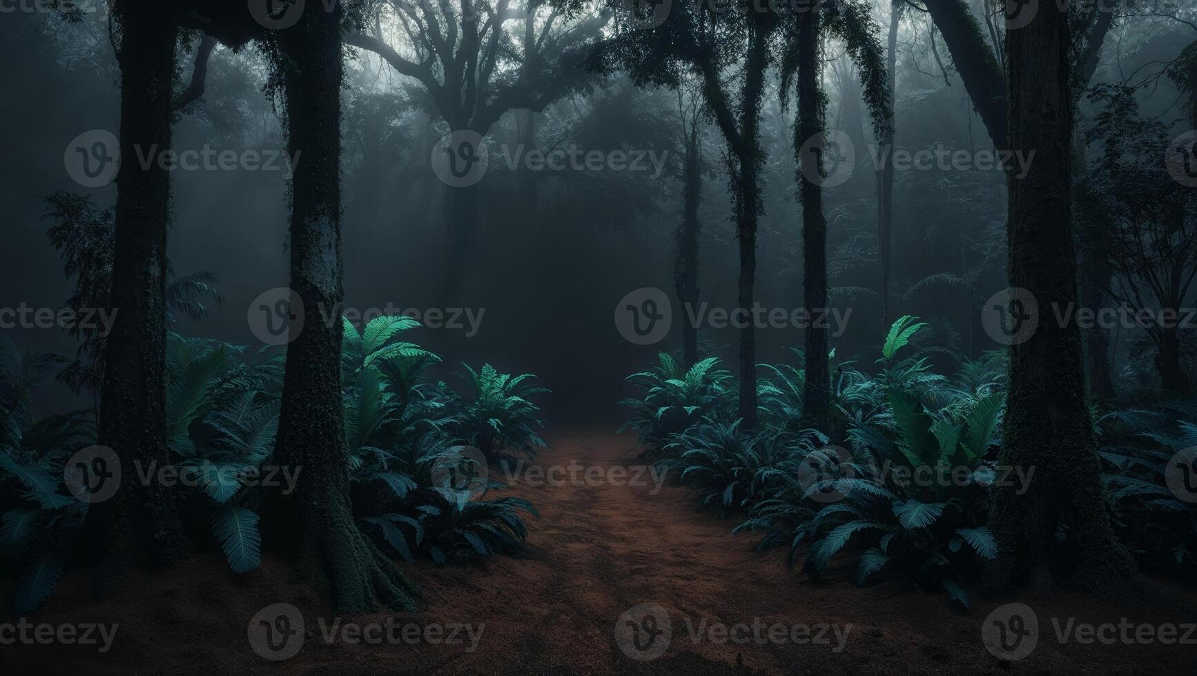 A dark forest with trees and plants photo