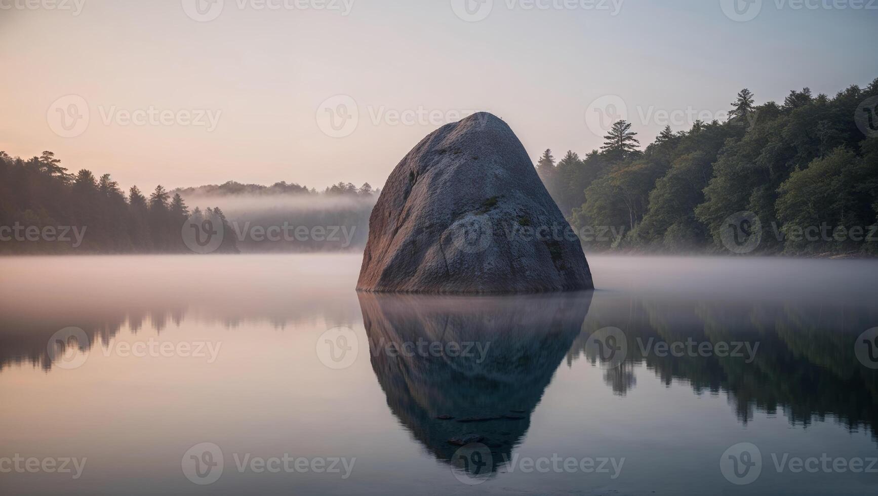 A rock sits in the middle of a lake with fog photo